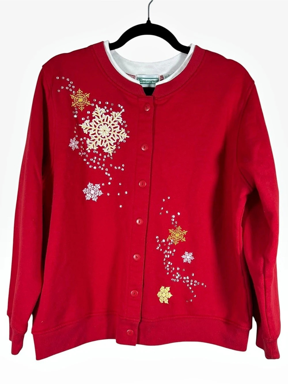 Vintage Shenanigans Womens Cardigan Size Large Red Snowflake Christmas Whimsical
